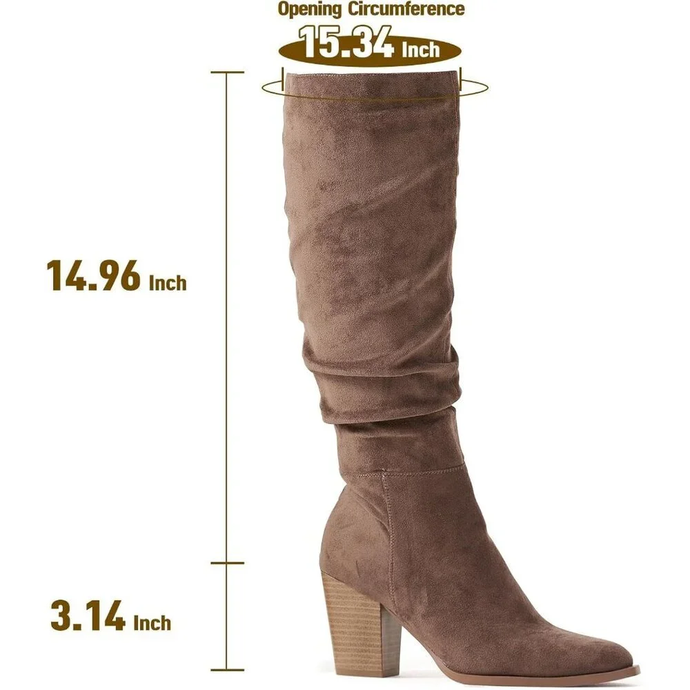 Women's Khaki Pointed Toe Faux Suede Slouch Chunky Heel Knee High Boots